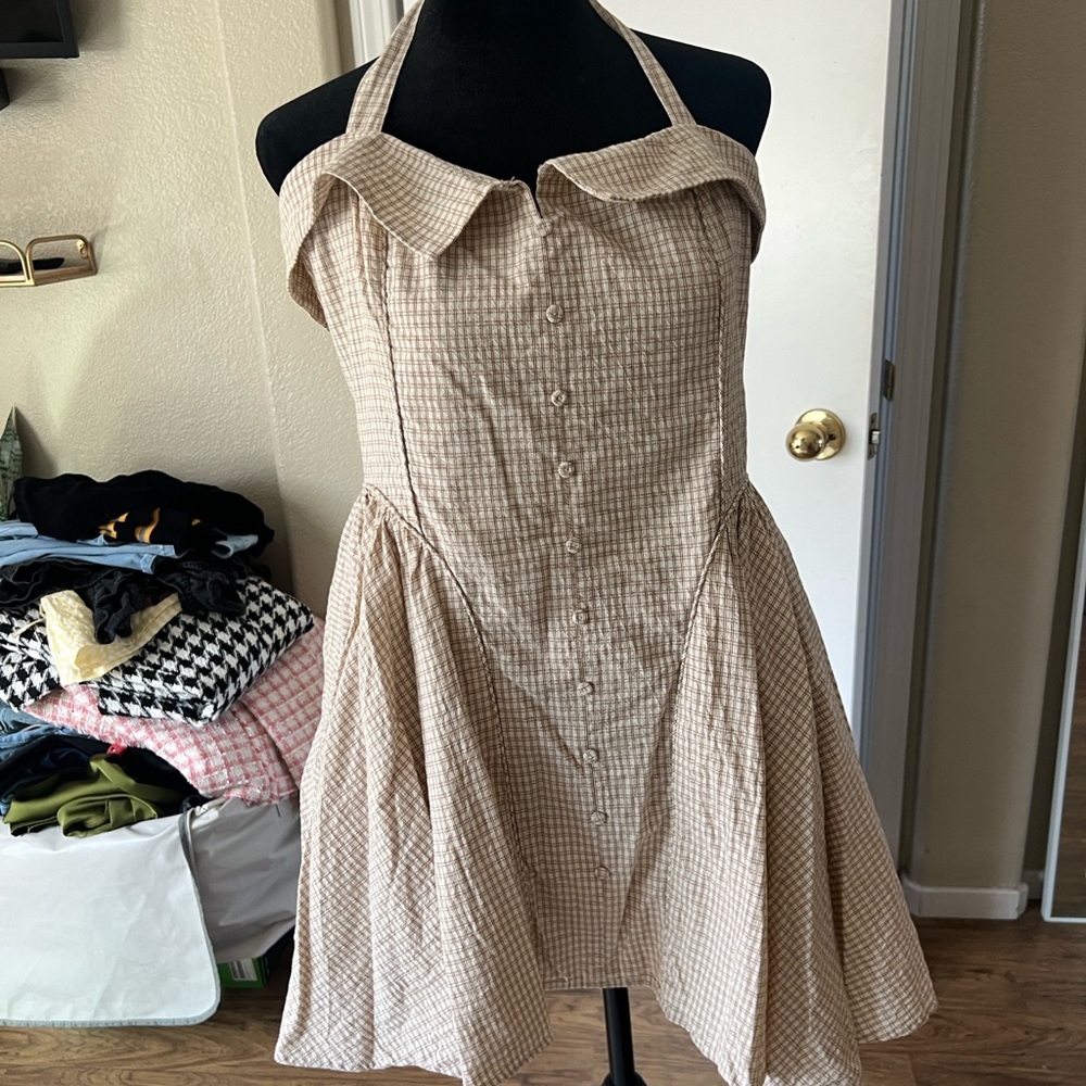 Zara Tan Checkered Halter Mini Dress